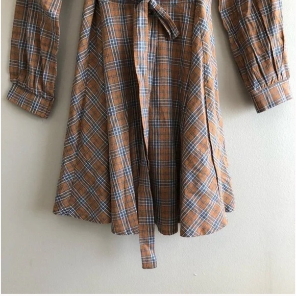 Preppy Plaid Wrap Skirt Tie Waist Long Sleeve V Neck Flowy Mini Dress Brown - Picture 9 of 11